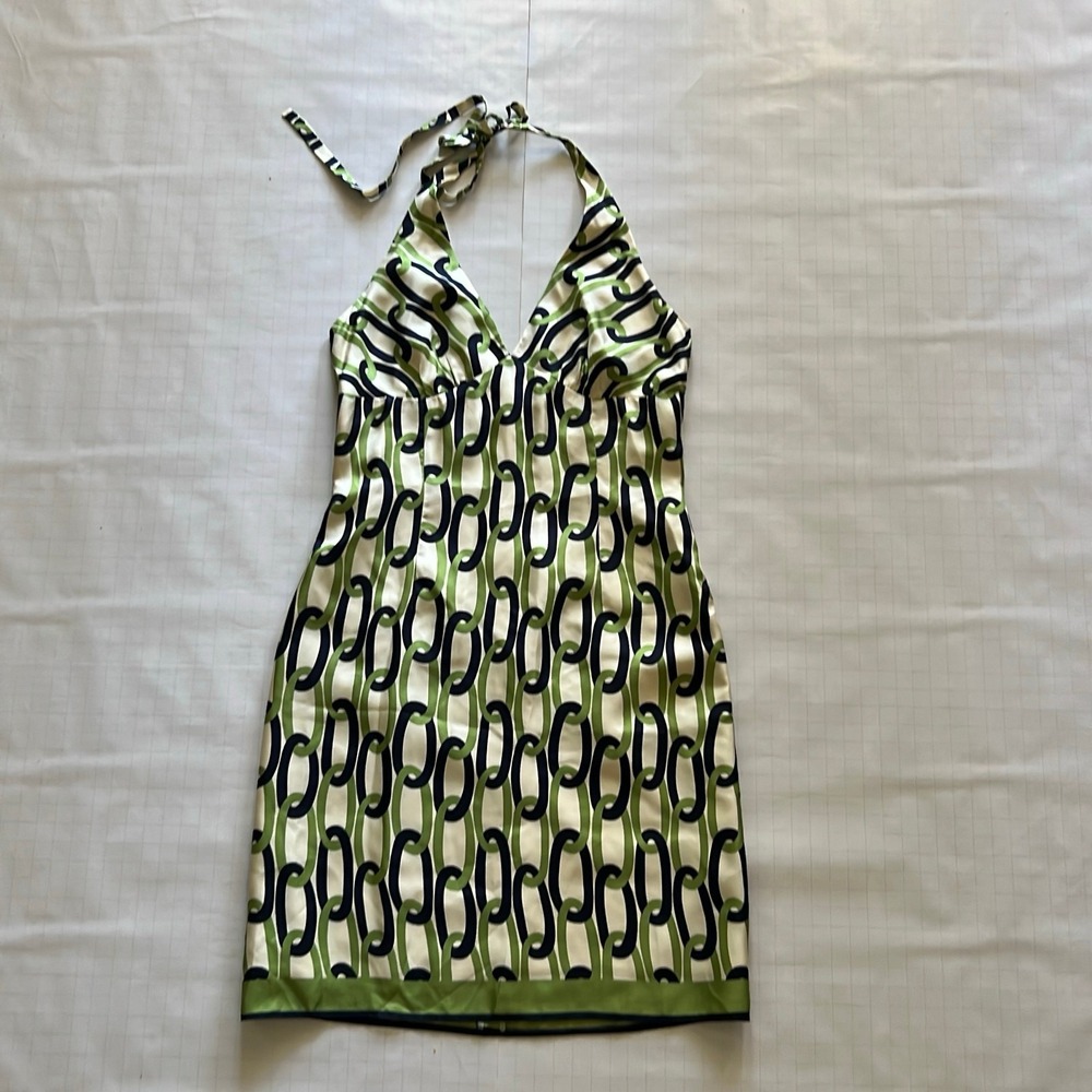 Milly Dress Women 4 A-Line Halter Geometric Print Sleeveless Green Blue Short